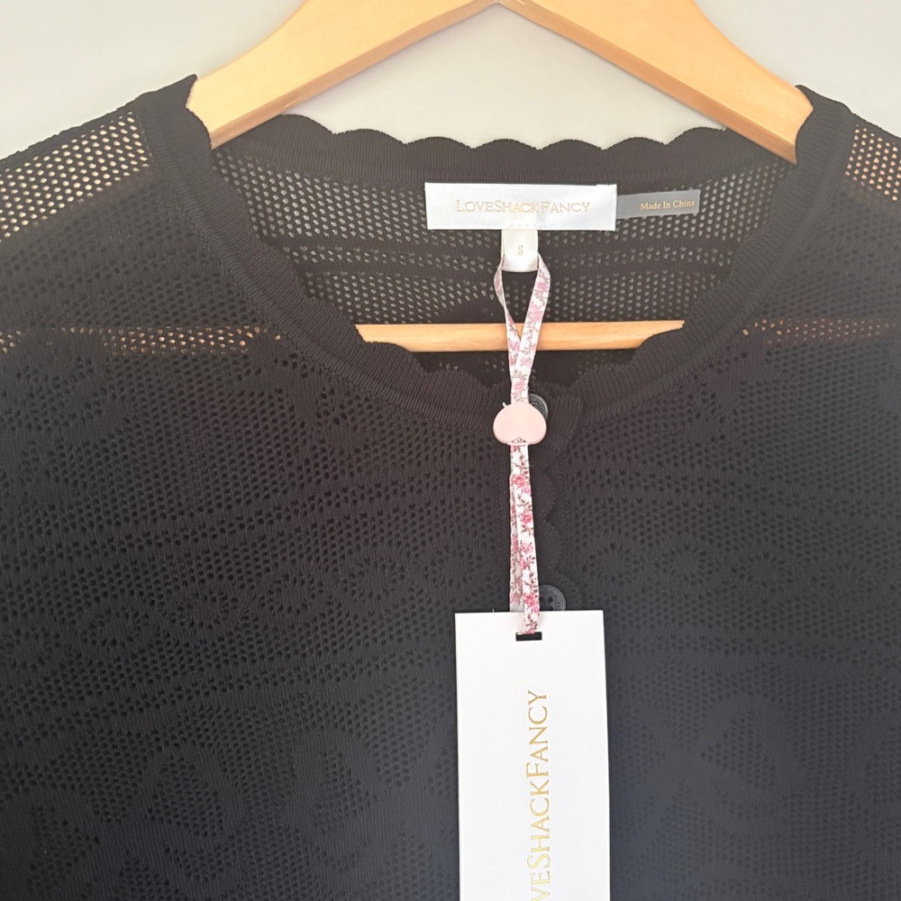 NWT Loveshackfancy Gretta Pointelle Knit Bow Cardigan Black | S - Picture 14 of 14